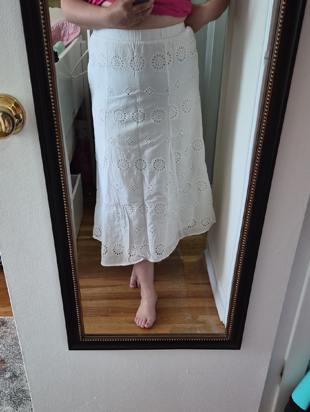Adiva Cotton Embroidered Lined Midi White Skirt Size L